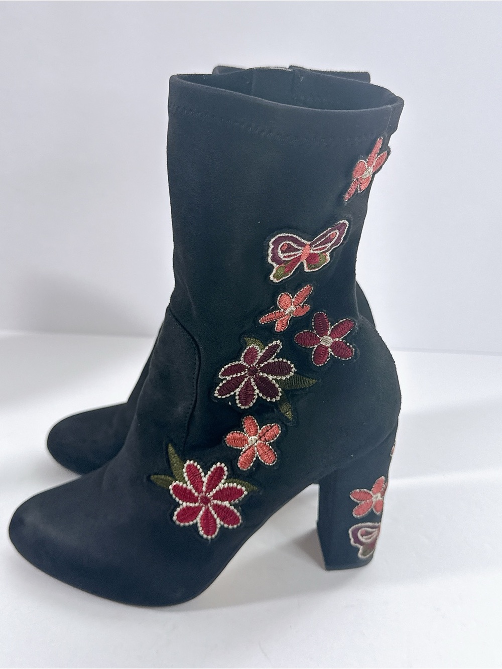 Women Black Embroidered Floral Butterfly Ankle Boots Heel Zip Booties Size 6.5M